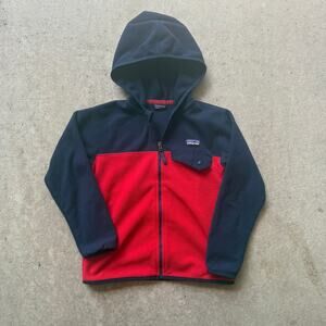 Youth Kids Patagonia Fire Red Blue Micro D Snap-T Fleece Hooded Zip Jacket Sz XS